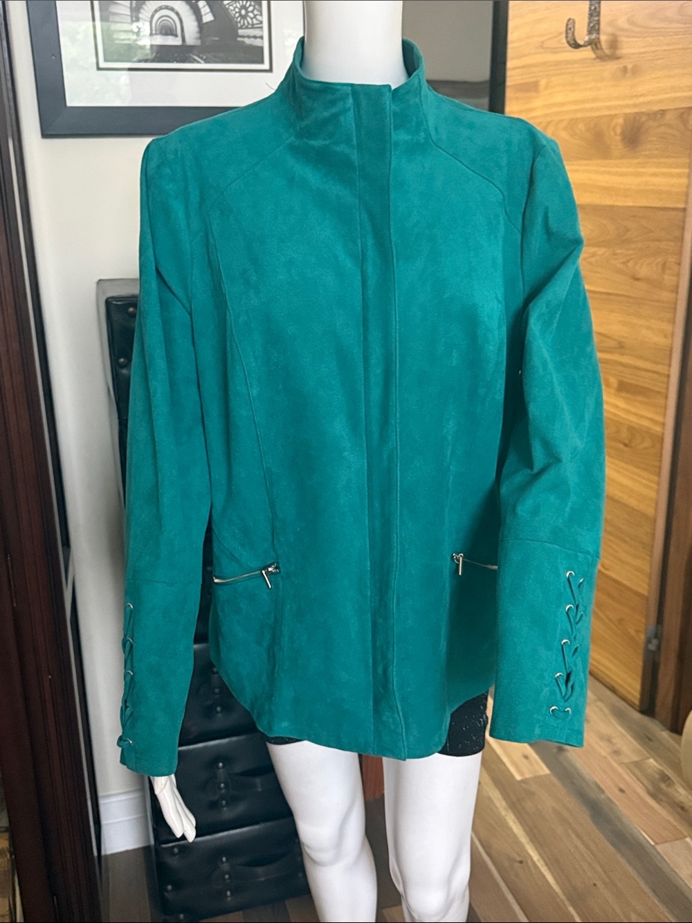 Chico's Teal Faux Suede Lace-Up Sleeve Zip-Pocket Jacket